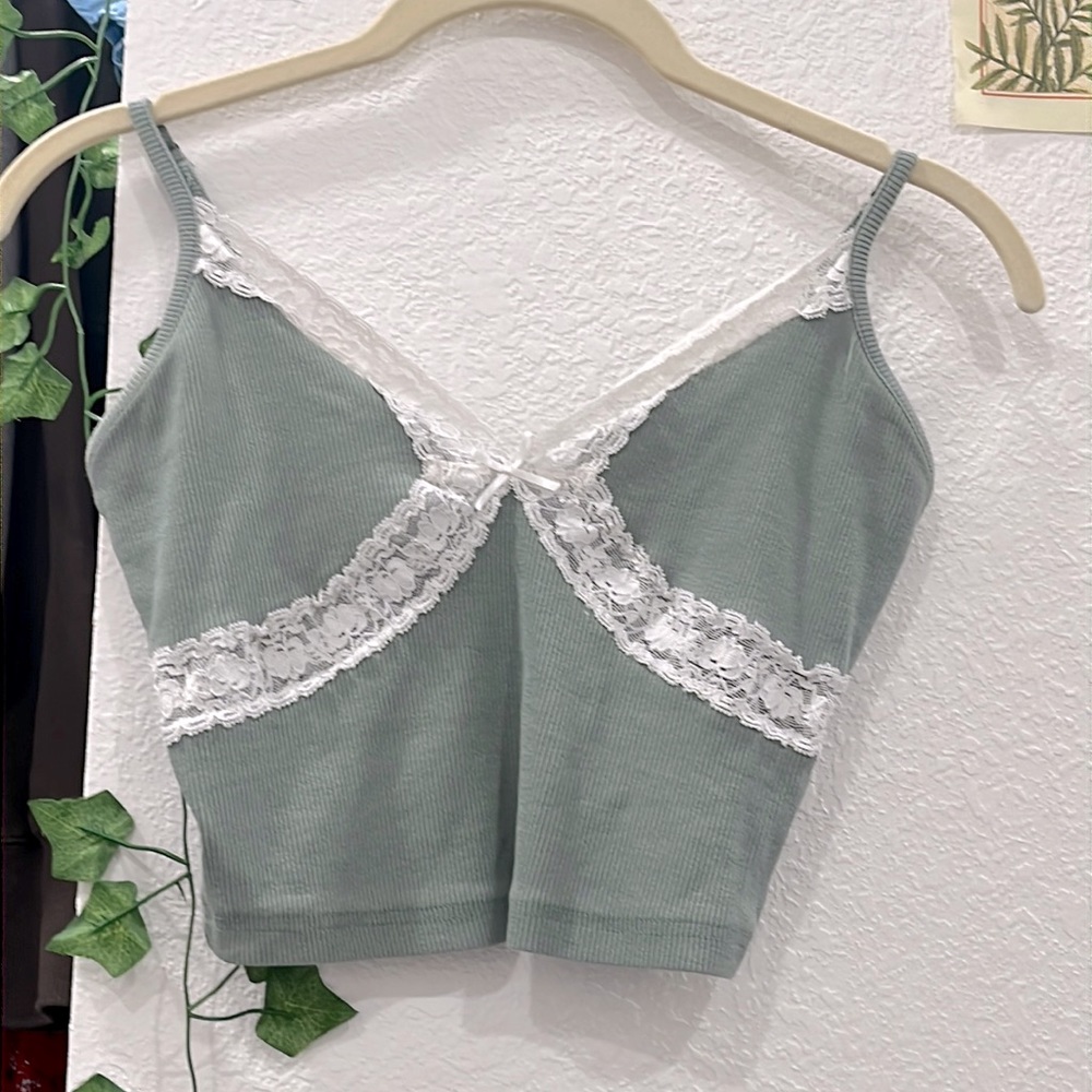 Bear dance sage green small top with white lace